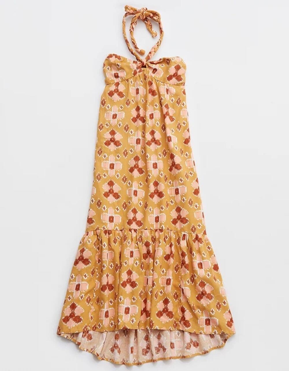 NWT Aerie High Low Halter Maxi Sundress Mustard Yellow Batik Linen Size XL - Picture 2 of 5